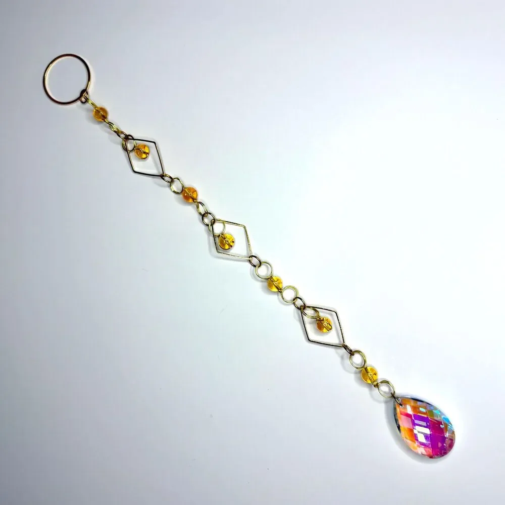 Citrine Bead Wall Hanging | Gold Diamond Frame | Aurora Borealis Teardrop Prism